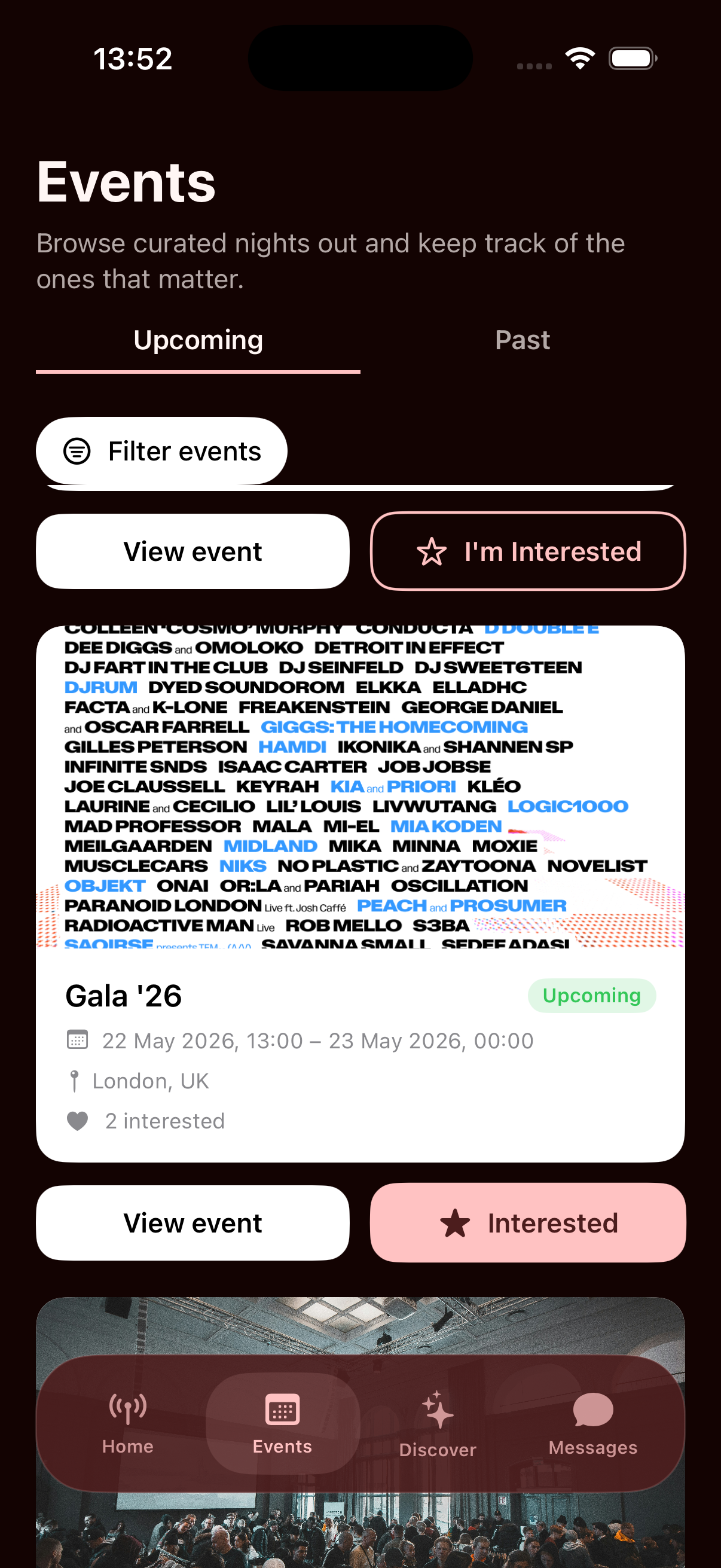Rome events screen showing upcoming events and location filters.